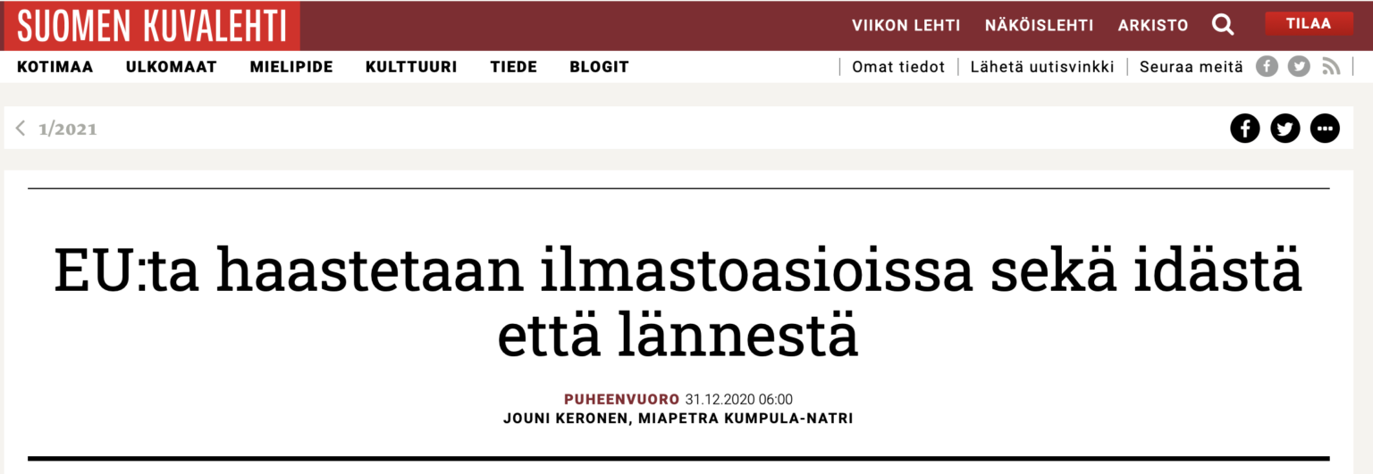Kirjoitus Suomen Kuvalehdessä: ”EU:ta haastetaan ilmastoasioissa sekä idästä että lännestä”